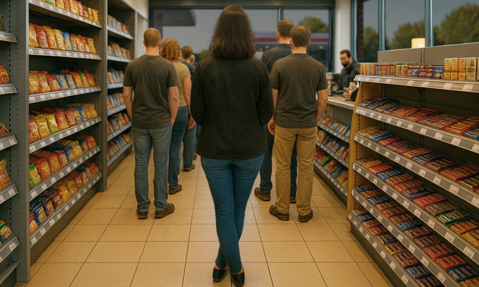 Symbolbild: Junge Frau steht dringend pinkeln müssend in der Warteschlange vor der Kasse.