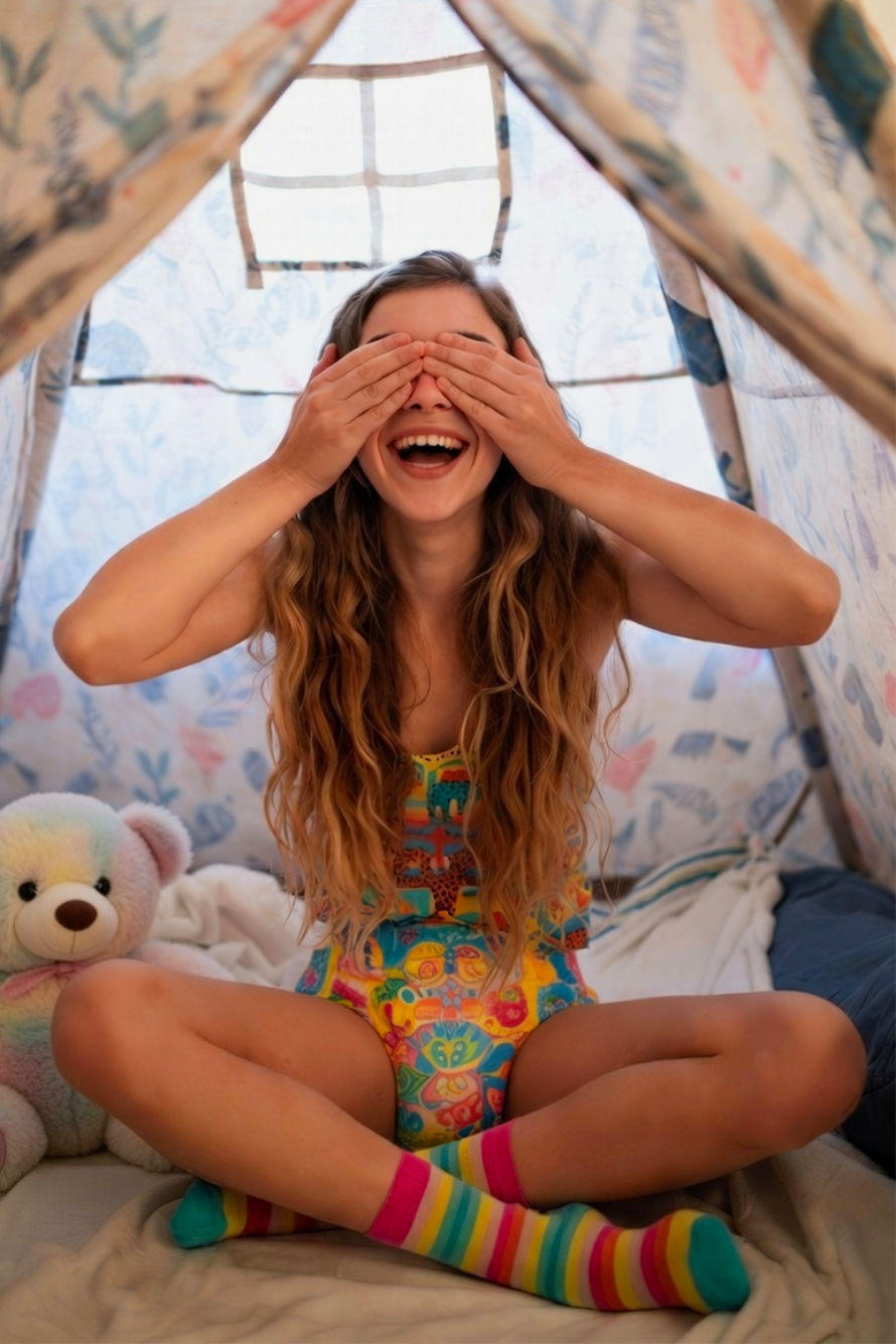 Langhaarige Frau in Ringelsocken, die sich lachend die Augen zuhält, sitzt mit vollgemachter Pampers in einem Spielzelt.