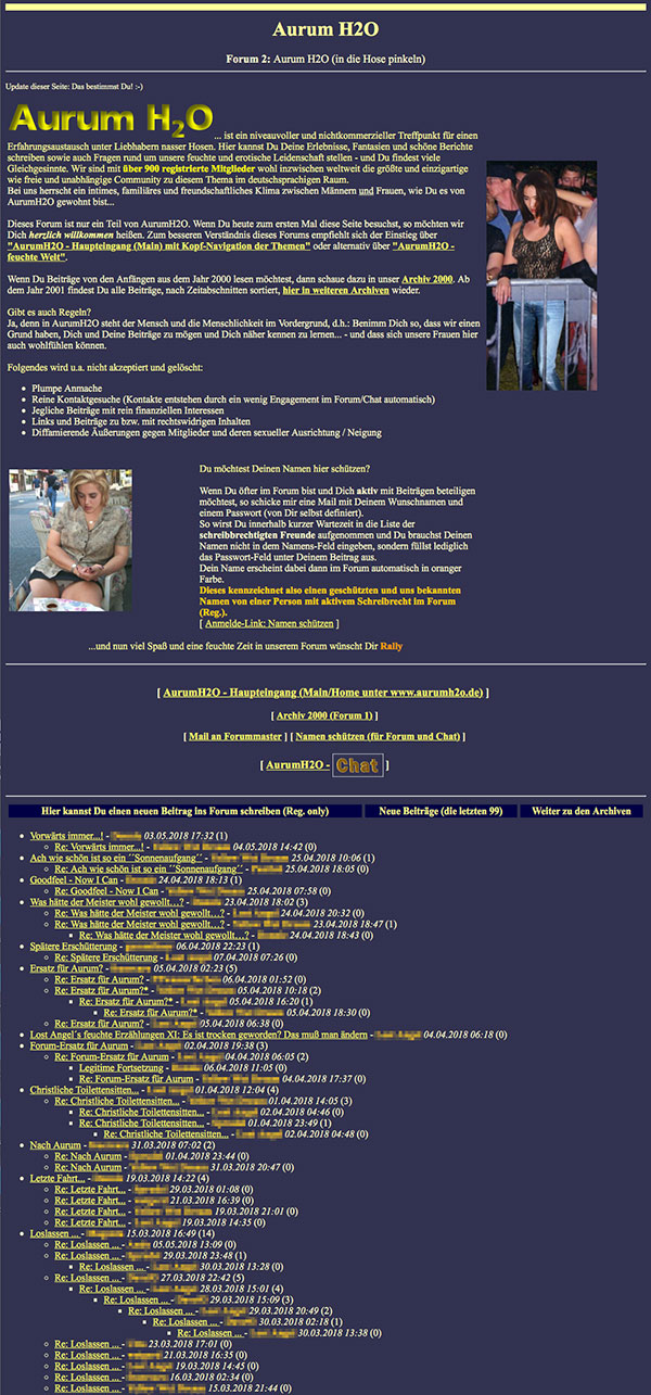 Screenshot: Aurum H2O Forum - In die Hose pinkeln, Bild der Startseite am Tag der Abschaltung