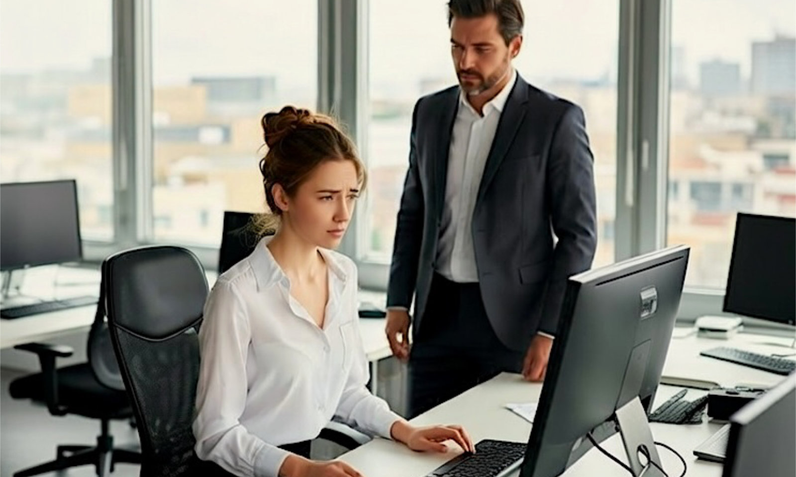Symbolbild: Chef diktiert seiner Schreibkraft im, die dringend zum Klo muss, im Büro einen Brief.
