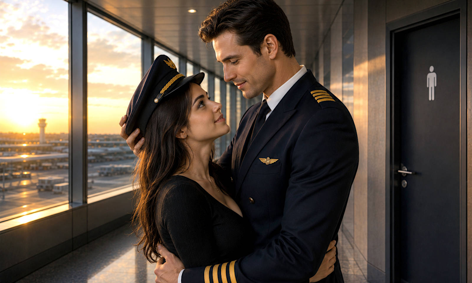 Symbolbild (KI-generiert): Flugkapitän in Uniform und Frau mit brünetten, langen Haaren halten sich in den Armen und sehen sich verliebt in die Augen.