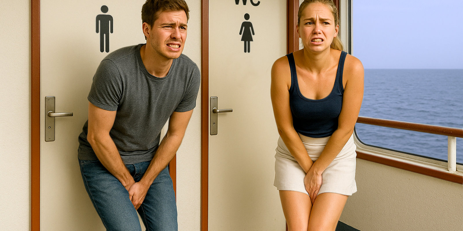Junge Frau und junger Mann stehen dringend pinkeln müssend vor verschlossenen Toilettentüren.