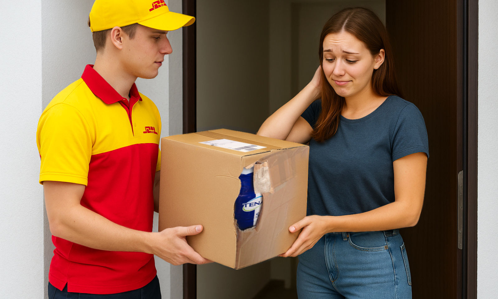 Paketbote übergibt einen beschädigten Karton mit Windeln an eine junge, verlegene Frau.
