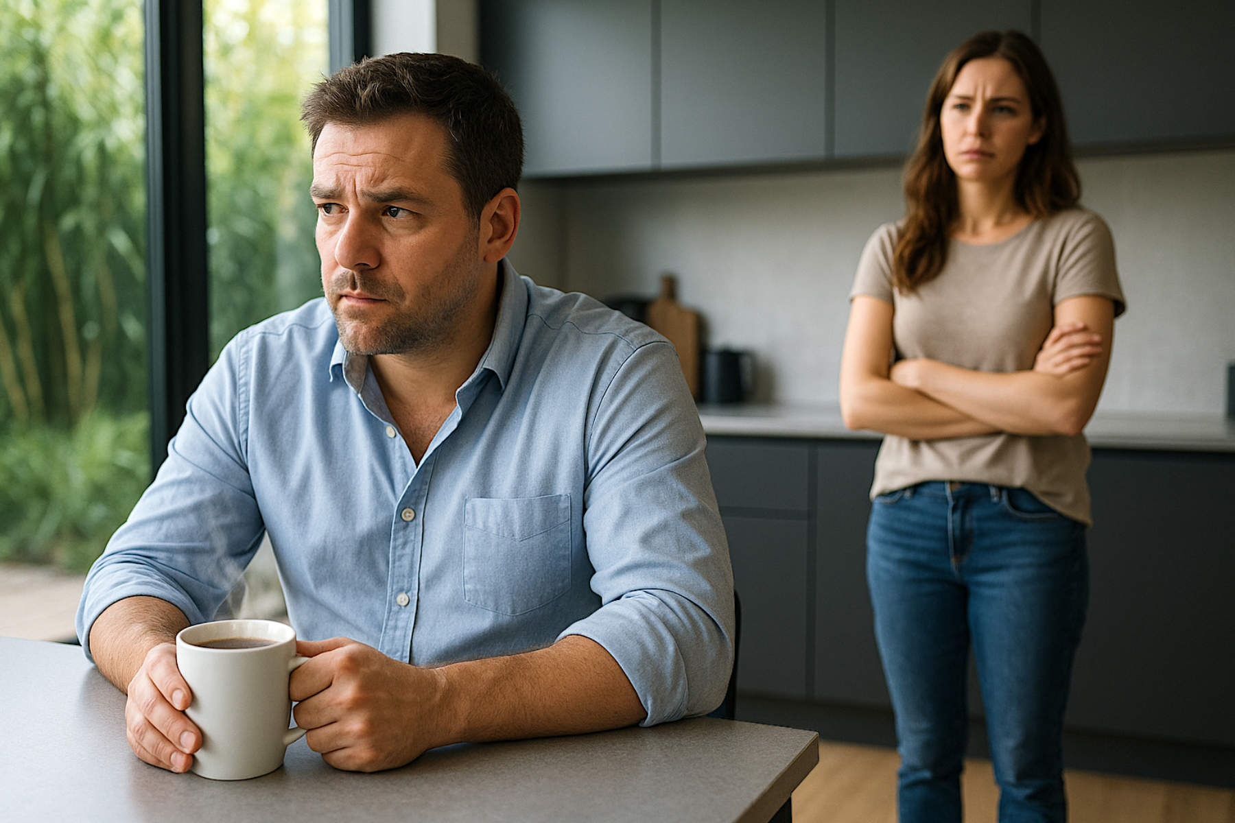 Frau rät ihrem Mann vom Kaffeetrinken ab.