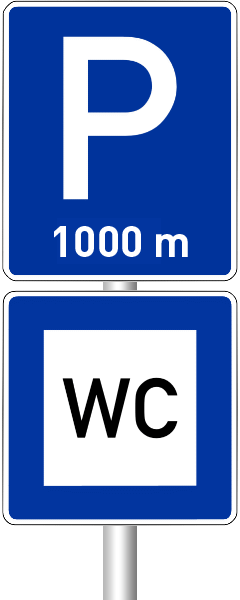 Verkehrsschild Parkplatz 1000 Meter / WC