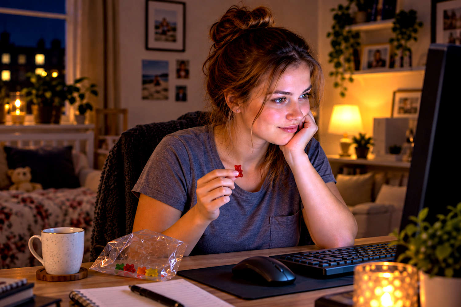 Symbolbild (KI-generiert): Brünette, junge Frau sitzt Gummibärchen naschend vorm Computer uns liest verträumt in einem Windelforum.