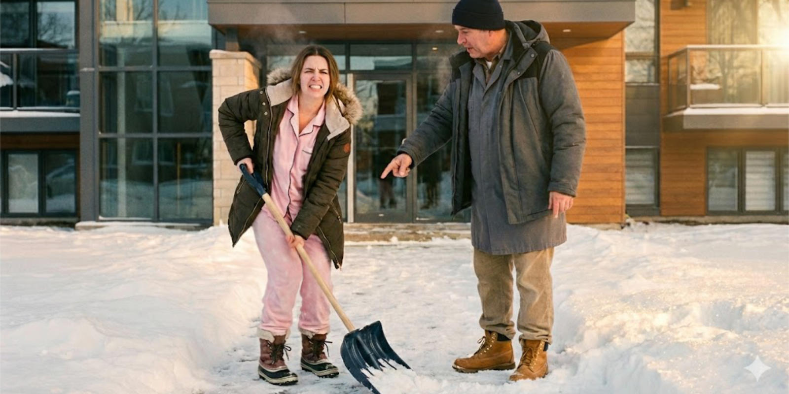 Junge Frau in Pyjama muss Schnee schieben und ist dabei in großer Pinkelnot.