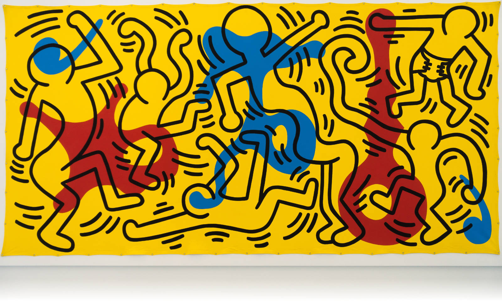 Keith Haring Pop-Art-Persiflage: Tanzende Menschen, einer davon mit Windel.