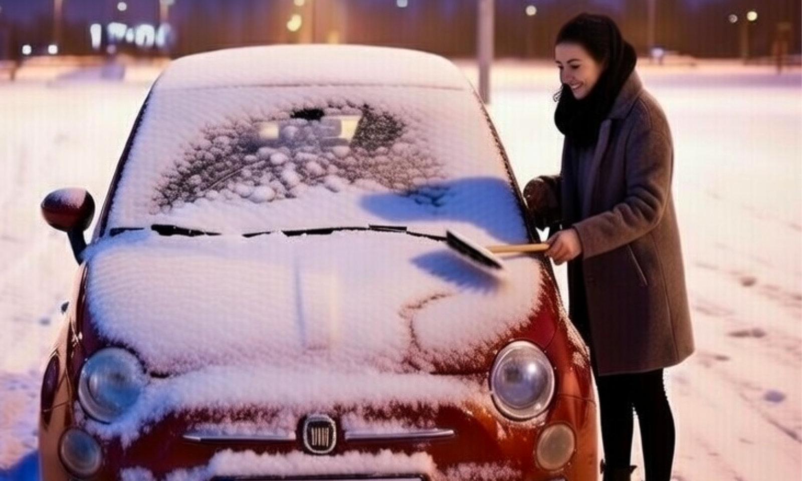 Symbolbild: Dunkelhaarige Frau in Winterjacke befreit ihr Auto von Eis und Schnee und macht sich dabei einen Haufen in ihre Strumpfhose.