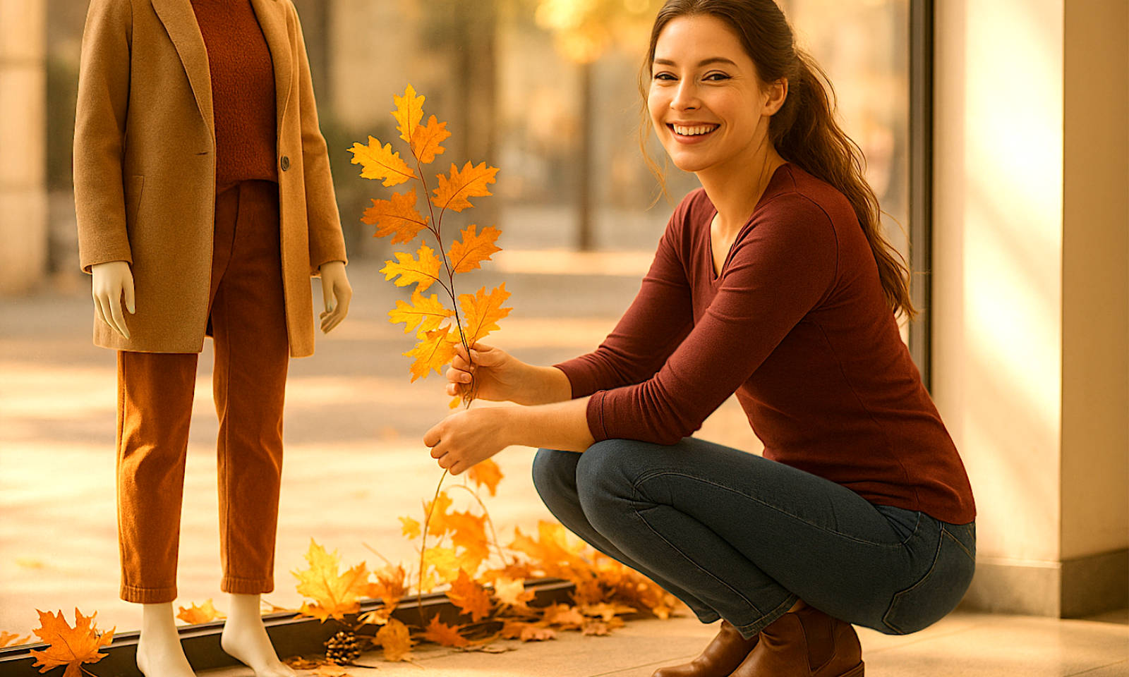 Brünette Dekorateurin hockt im Schaufenster und pinkelt in ihre Windel.