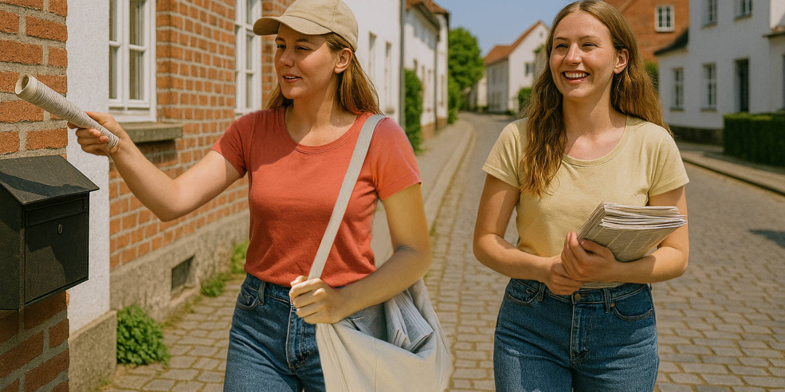Zwei junge Frauen tragen Zeitungen aus. Eine von ihnen hat eine eine Windel unter der Jeans.