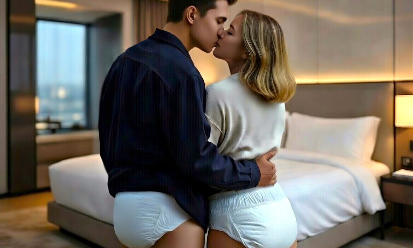 Ein verliebtes Paar in Windeln küsst sich im Hotelzimmer.