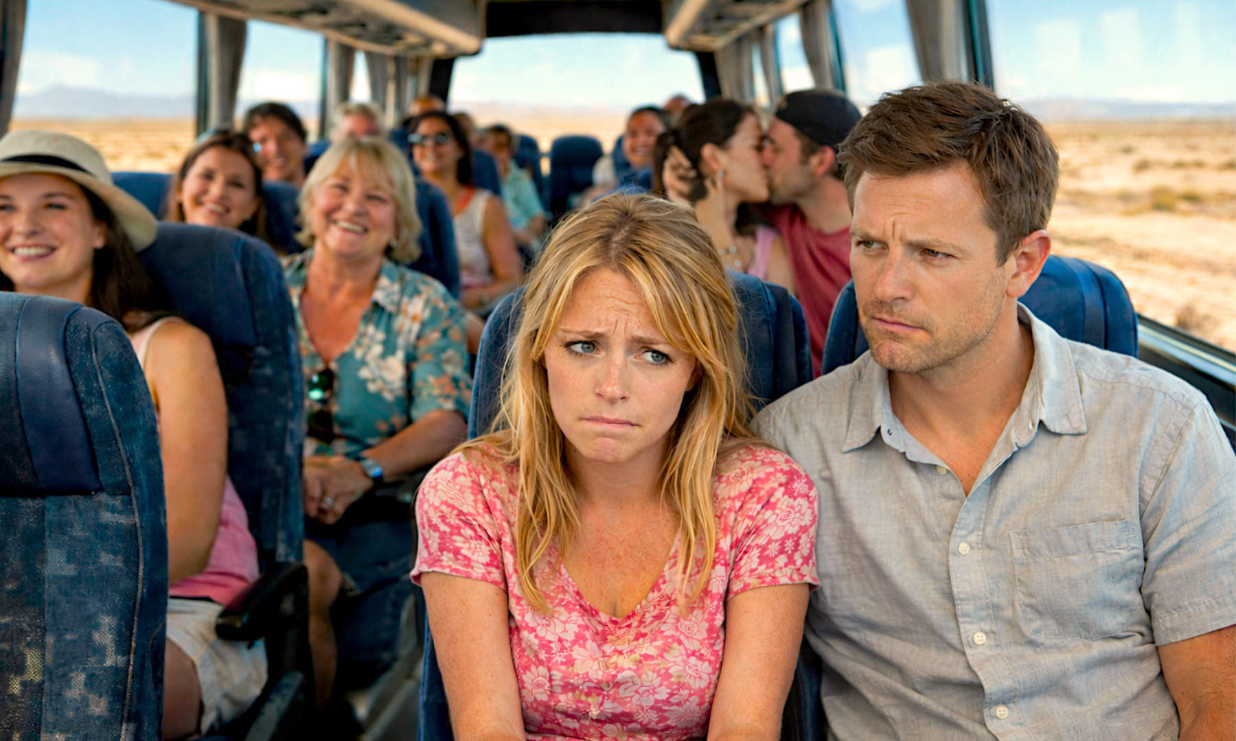 Dringend pinkeln müssende Frau sitzt neben ihrem Mann zwischen Urlaubern im Bus.