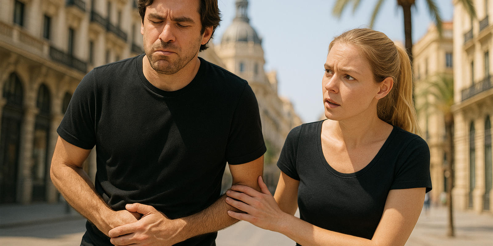Symbolbild: Frau eilt zusammen mit ihrem dringend groß müssenden Mann durch Madrid..