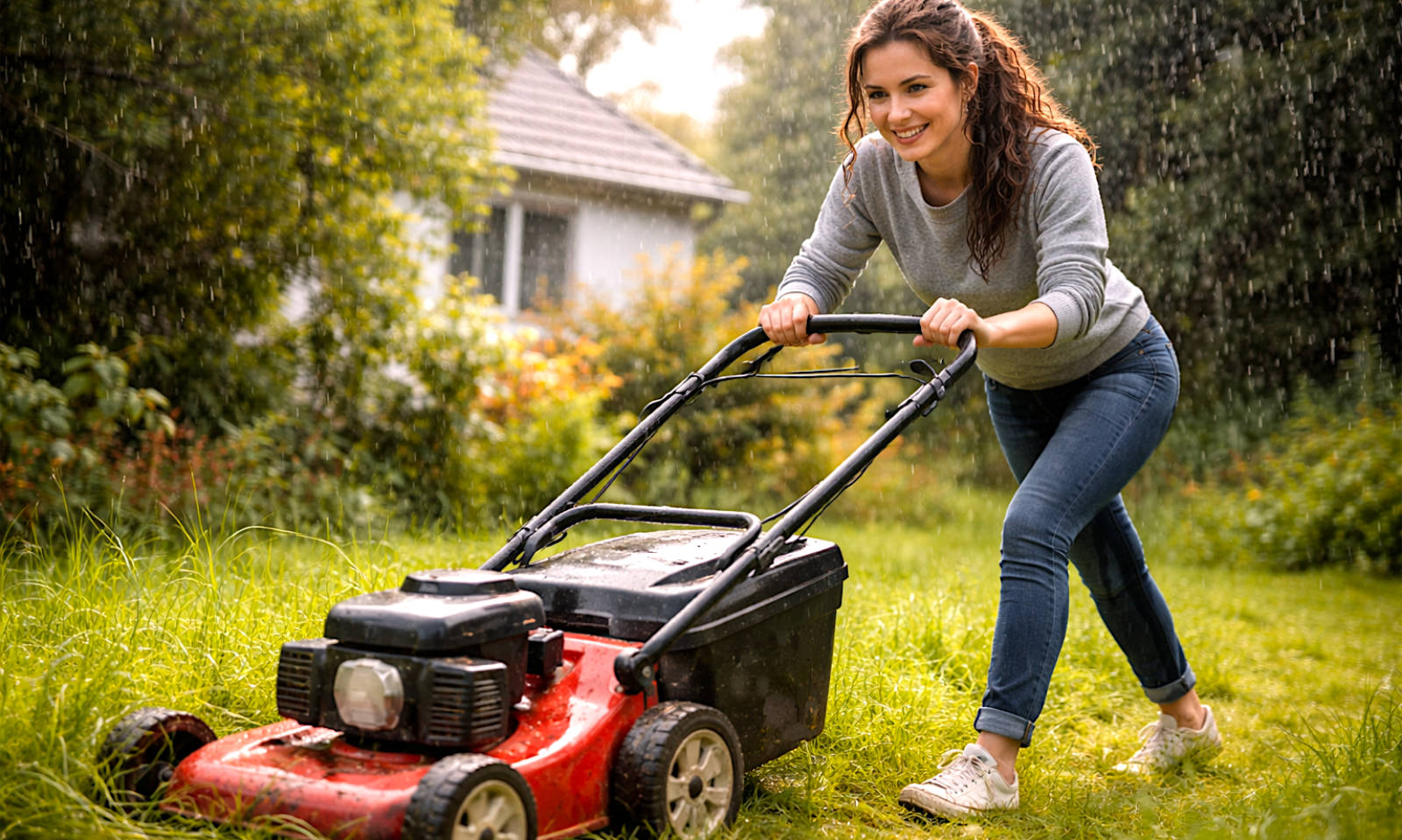 Dunkelhaarige Frau pinkelt sich beim Rasenmähen im Regen in ihre Jeans.