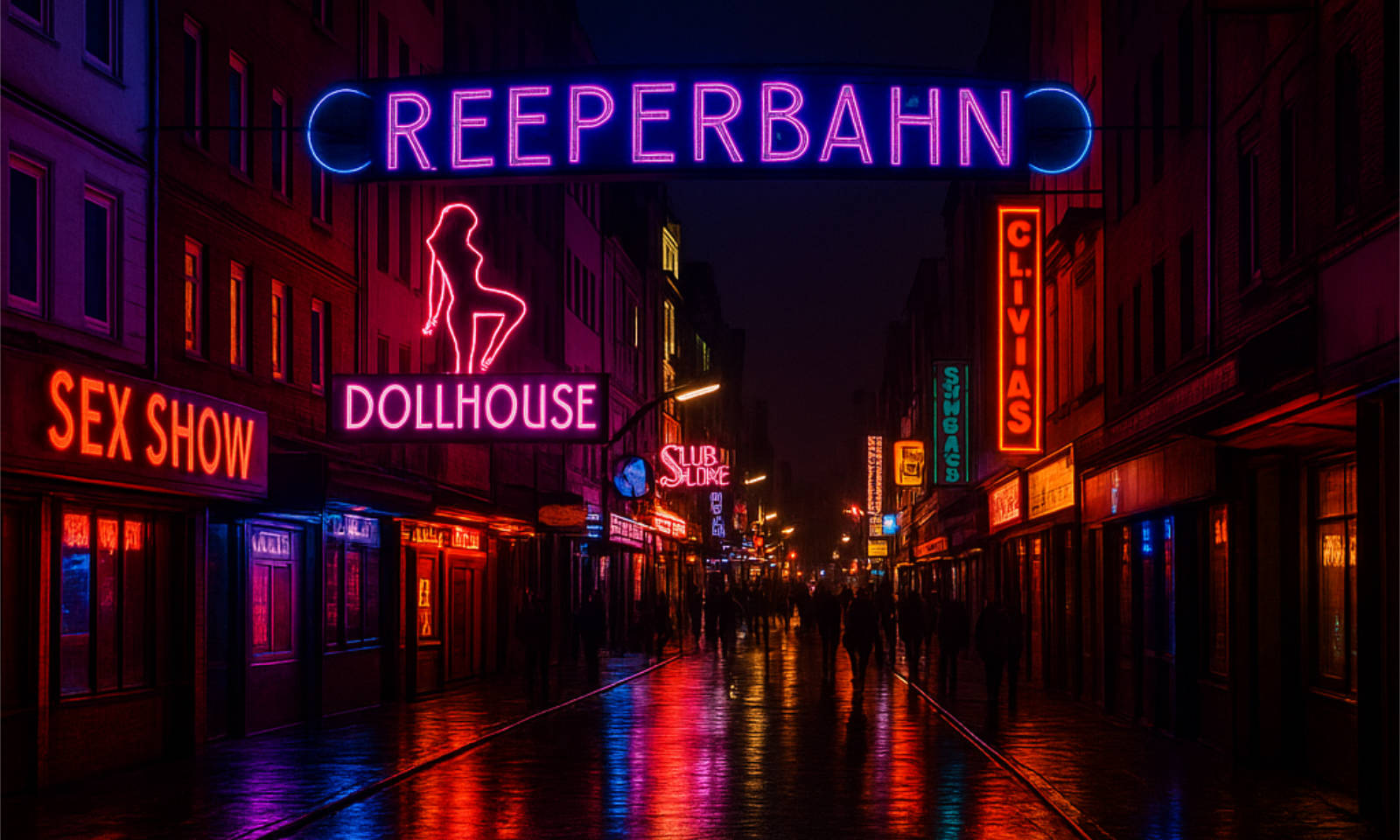 Symbolbild KI-generiert: Reeperbahnatmosphäre nach dem Regen bei Nacht.