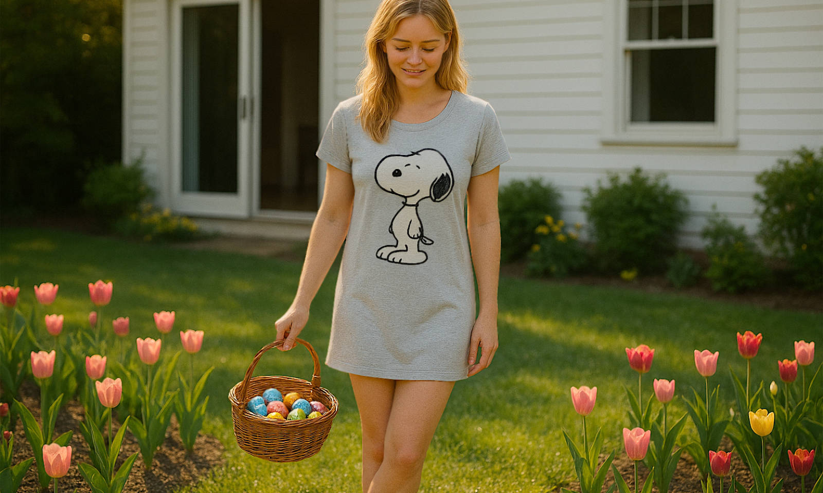 Blonde Frau muss bei der Ostereiersuche im Garten dringend pinkeln.