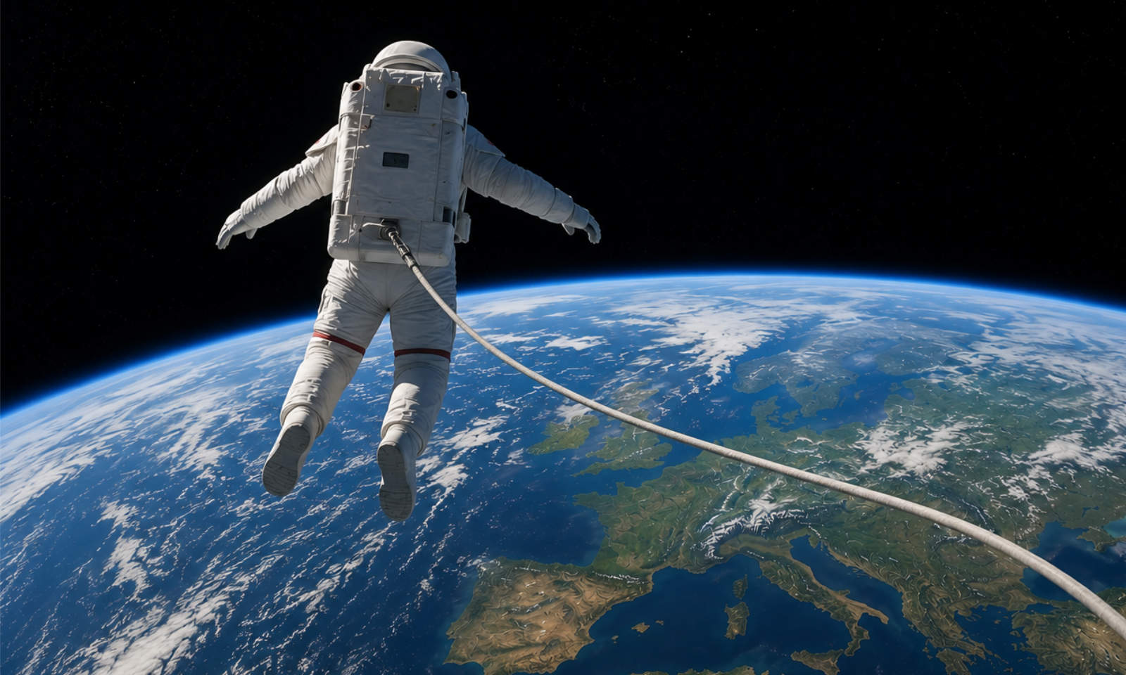 Symbolbild (KI-generiert): Astronaut schwebt frei im Weltall, unter ihm ist die Erde zu sehen.