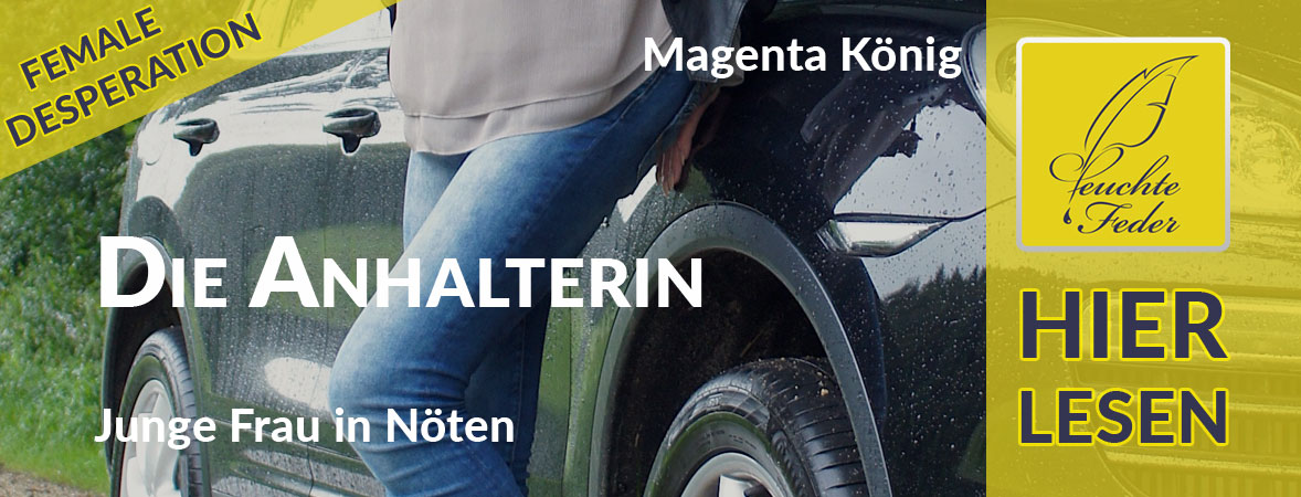 Symbolbild zu „Die Anhalterin“: Junge Frau in Jeans lehnt wartend an einem Auto.