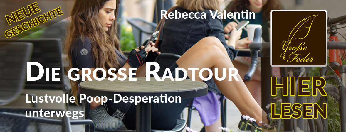 Symbolbild zu „Die große Radtour – Lustvolle Poop-Desperation unterwegs“: Radfahrerin sitzt mit voller Hose in einem Café.