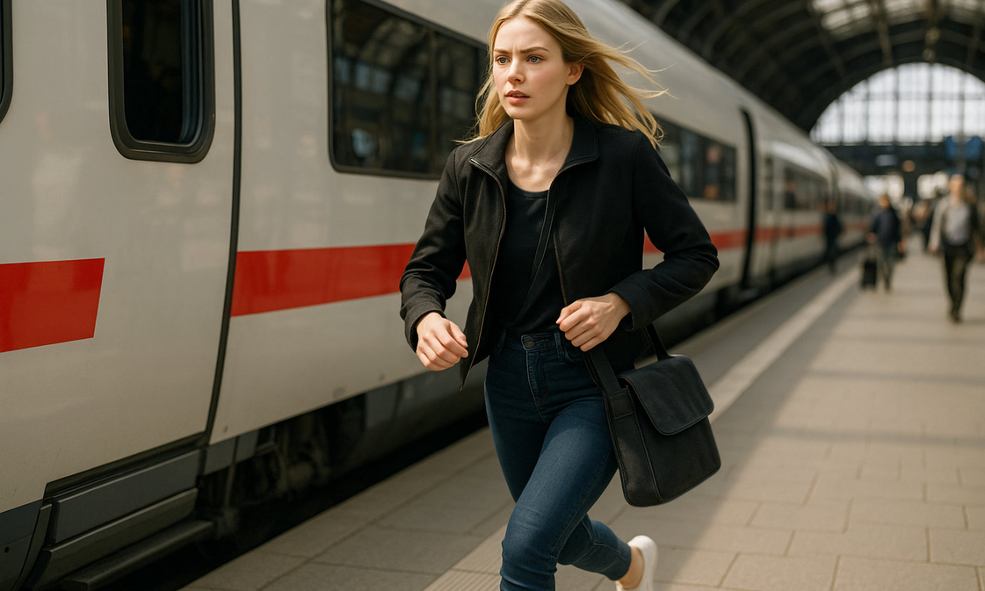 Blonde Studentin rennt dringend müssend einen Bahnsteig entlang.