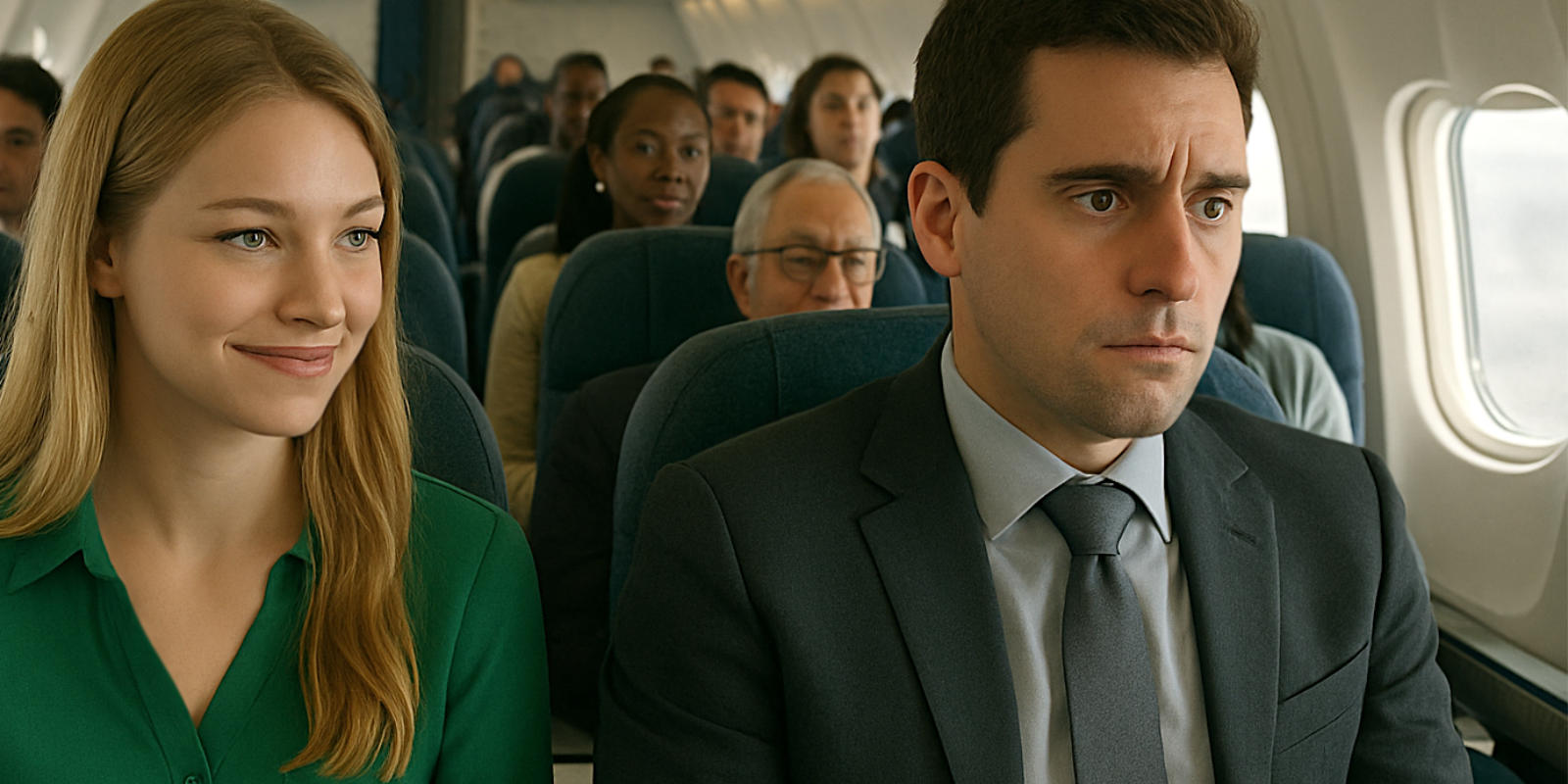 Symbolbild: Frau sitzt lächelnd im Flugzeug neben einem Mann. der dringend pinkeln muss.