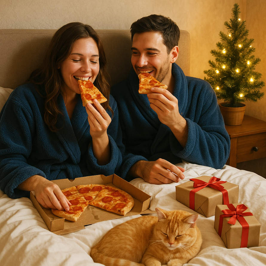 Junges Paar liegt umgeben von Geschenken mit Katze im Bett und isst Pizza.
