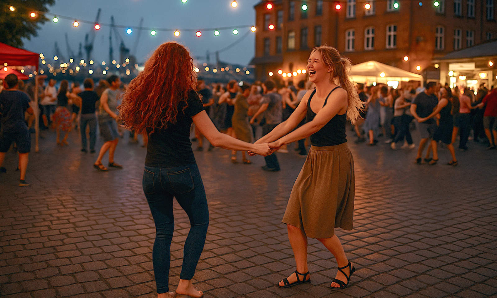 Symbolbild KI-generiert: Mia tanzt in eingepinkelter Jeans mit ihrer Freundin Lissi in Hamburg auf einer Open-Air-Tanzfläche